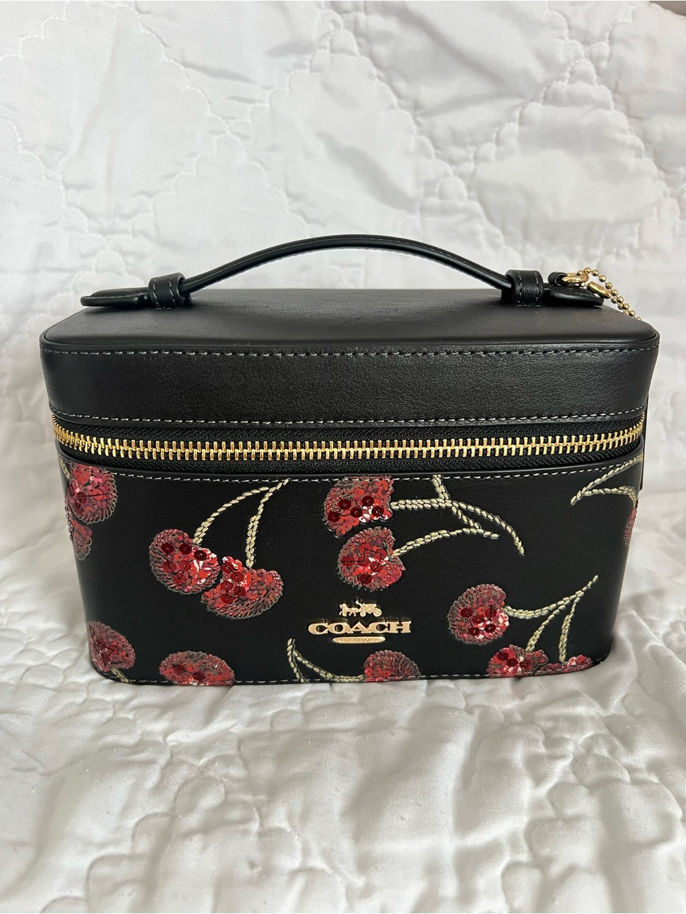COACH Black Leather Cherry Sequin Vanity Case with Gold Hardware